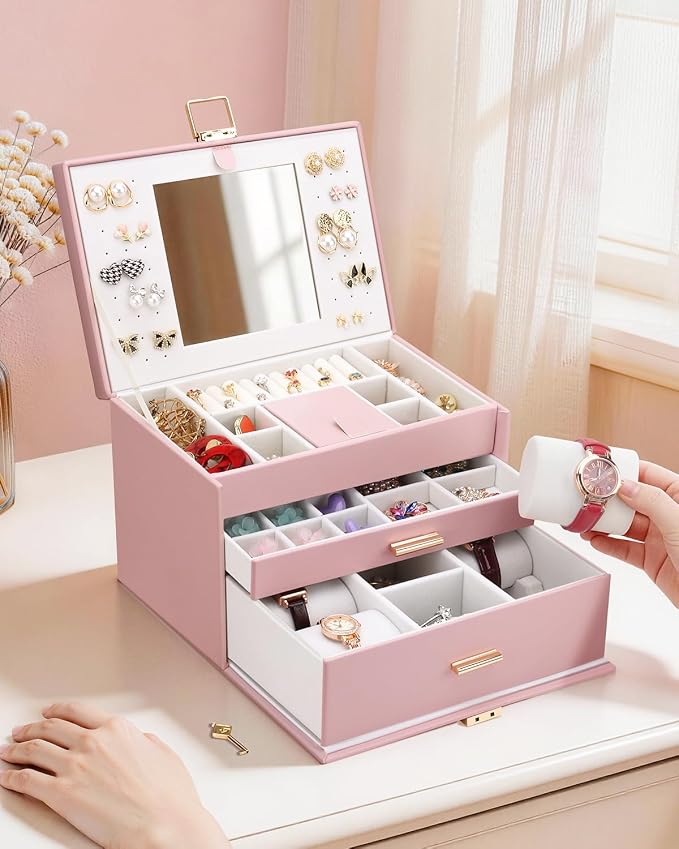 DesignSter Jewelry Box for Women Girl, 3-layer Lockable Jewelry Organizer with Mirror, Large Leather Jewelry Case for Earring Necklace Ring Bracelet Watch - Image 7