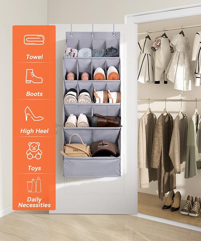 FENTEC 1 Pack Over-the-Door-Shoe-Organizers,Hanging Organizers with Large Pocket Shoe Holder Hanging Shoe Rack for Closet Shoe Organizer for Wall, Over Door Organizer with 15 Pockets Gray - Image 2