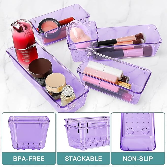 StorMiracle 10 PCS Drawer Organizer Set, 4 Varied Size Bathroom and kitchen Drawer cabinet organizer Trays, Clear Storage Bins for Makeup, Jewelry, Utensils and Gadgets, Purple - Image 3
