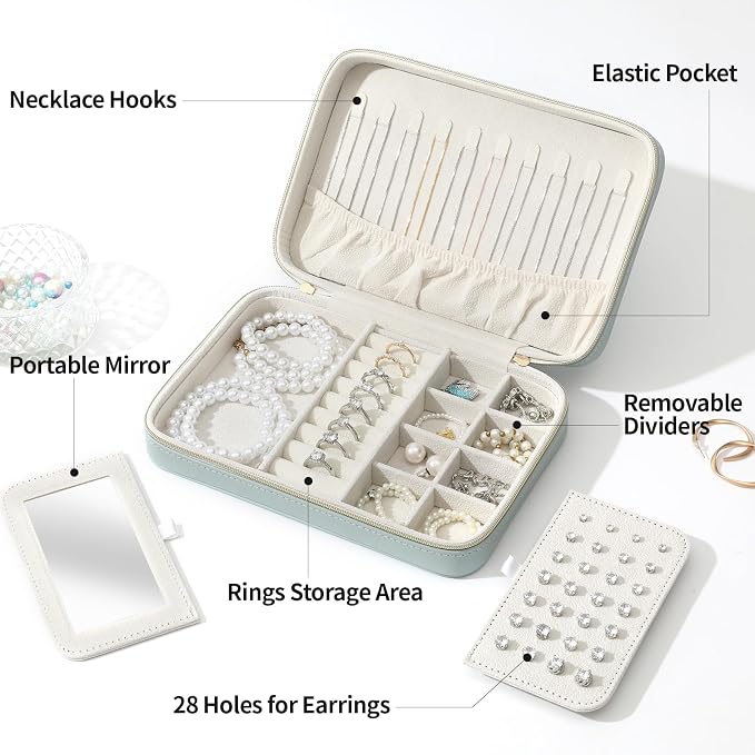 Genuine Leather Travel Jewelry Organizer Case Box with Mirror for Women, Small Mini Portable Jewelry Box for Ring Earrings Necklace Bracelet Luxury Gift for Women（Black） - Image 5