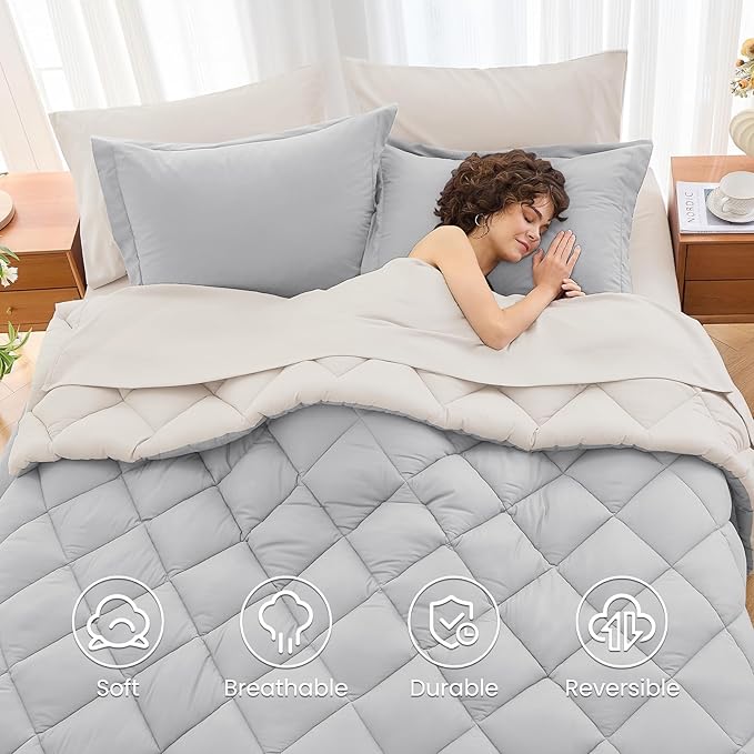 MUXHOMO 5 Pieces Twin Comforter Set, Reversible Bed in a Bag Twin Size, All Season Bedding Set with Comforter, Flat Sheet, Fitted Sheet, Pillowcases & Shams, Light Grey & Beige