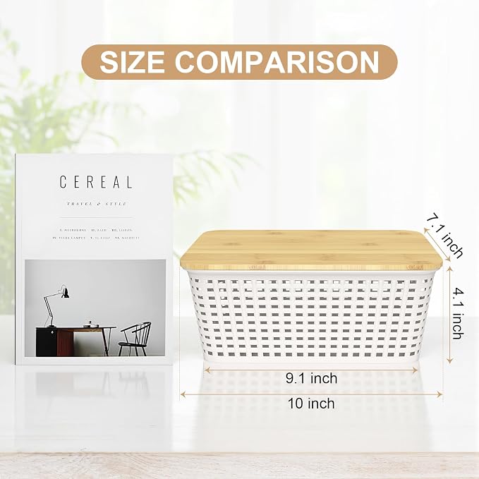 6Pcs Storage Bins with Lids, Stackable Plastic Storage Basket with Bamboo Lid, Pantry Organizer Box Small Containers for Organizing Shelves Drawer Desktop Closet Cabinet Office Classroom 10x7.1x4.1in - Image 2