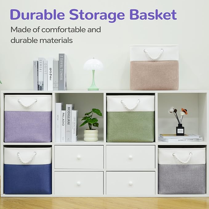 12 x 12 Inch Cube Storage Bins, 4 Pack Fabric Storage Basket with Handles, Foldable Boxes Organizer for Shelf Baskets for Home, Clothes (White/Purple) - Image 6