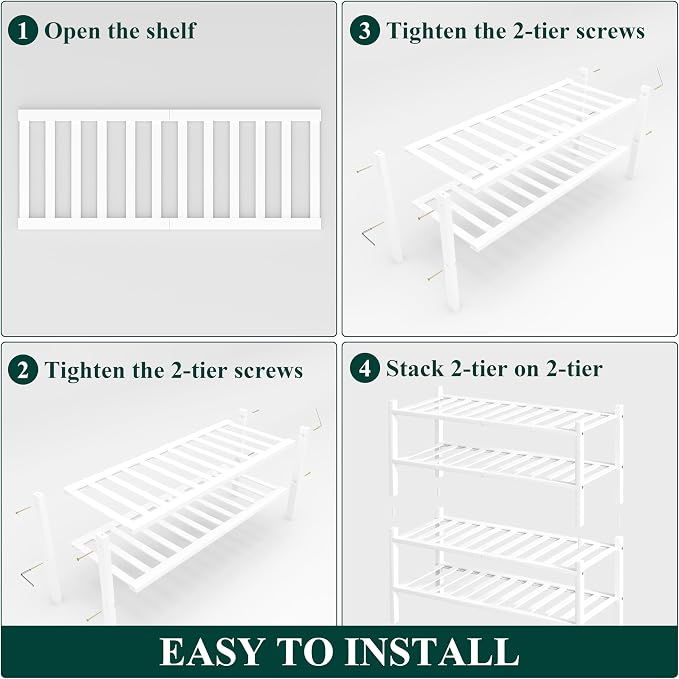 Smiry Shoe Rack, 4 Tier Thick Bamboo Shoe Organizer, Stackable Free Standing Wooden Shoe Storage Shelf for Closet, Entryway, Front Door Entrance, White - Image 5