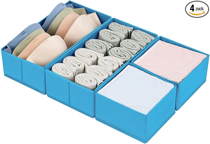 DIMJ Drawer Organizers - Set of 4 Fabric Closet Organizers and Storage, Drawer Dividers for Baby Clothes, Socks, Belt, Tie (Blue) by DiMJ