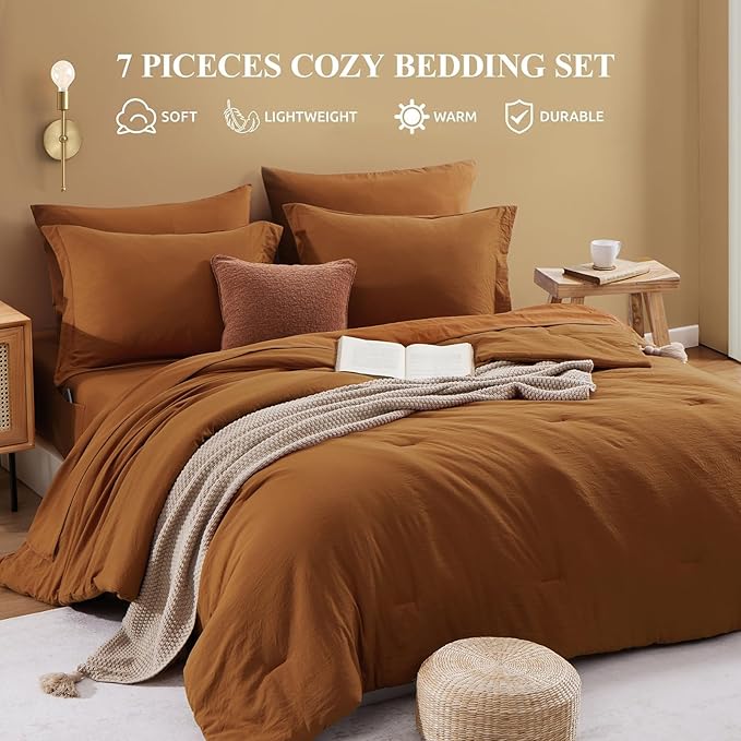 WRENSONGE Oversize King Size Comforter Sets- 7 Pieces Soft Terracotta Bed in a Bag with Fitted Sheet, Flat Sheet, 2 Pillow Shams, 2 Pillowcases, Warm Bedding Sets for All Season