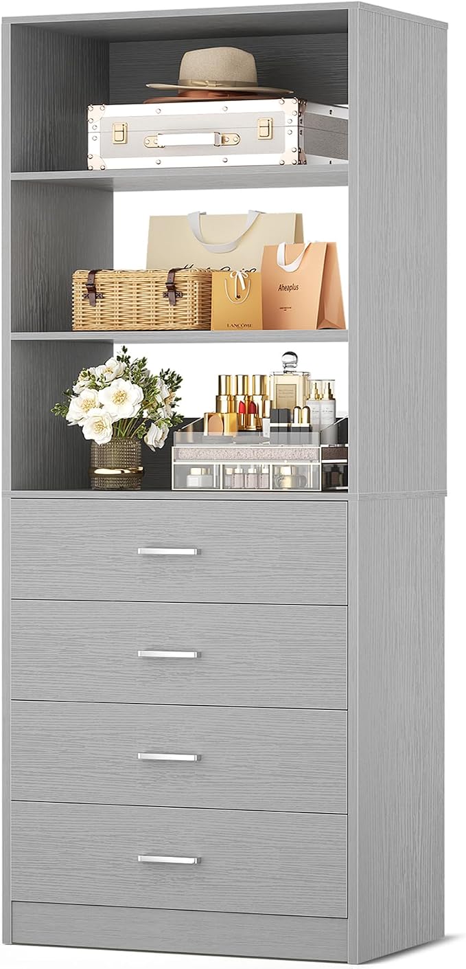 Aheaplus Closet Drawers System, 21.3" Wood Closet Organizer System with 4 Drawers, Modular Walk-in Closets System Storage Unit, Small Closets Wardrobe Rack, Tall Storage Cabinet Unit, Grey1 by Aheaplus