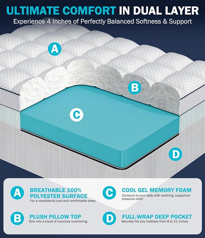 Dual Layer 4 Inch Memory Foam Mattress Topper Twin XL, 2" Cooling Gel Memory Foam & 2" Pillow Top, College Dorm Room Mattress Pad Cover for Back Pain Relief, CertiPUR-US Certified, White