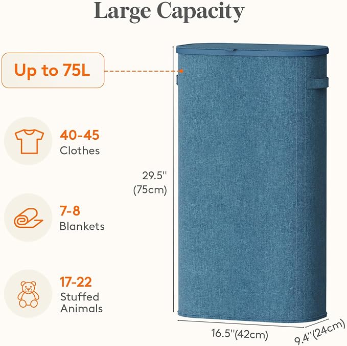 Lifewit Slim Laundry Basket with Lid, Narrow Large Laundry Hamper with Plastic Handles and Removable Bag, Tall Foldable Dirty Clothes Hampers for Laundry Room, Bedroom, Bathroom, Dorm, 75L Dark Blue - Image 3