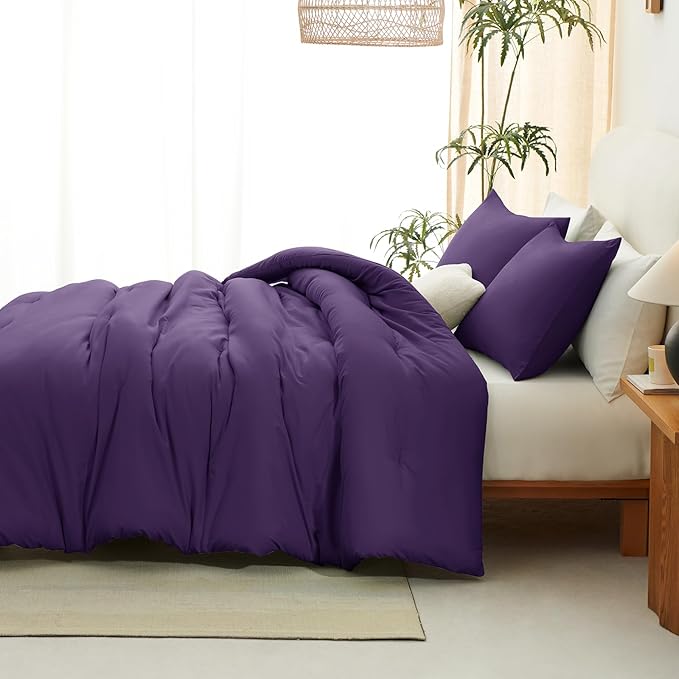 CozyLux Full Size Comforter Set Purple, 3 Pieces Solid Breathable Quilted Bedding Sets, Luxury Lightweight Soft Bed Set with Down Alternative Comforter and 2 Pillowcases for All Seasons