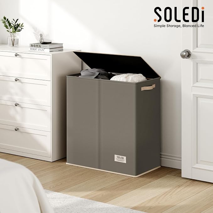 SOLEDI Large Double Laundry Hamper with Lid, Collapsible Clothes Hamper 2 section with Removable Bags, Space-Saving Laundry Basket for Bedroom, Dorm, College - Image 8