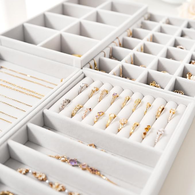 Velvet Jewelry Drawer Organizer Trays – White Stackable Jewelry Storage Inserts Set, 4-Layer Jewelry Tray Set for Earrings, Rings, Necklaces, Bracelets with Removable Dividers for Dresser & Vanity - Image 7