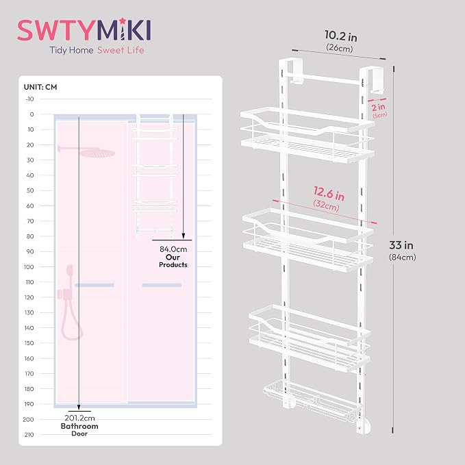 SWTYMIKI Over the Door Shower Caddy - 4 Tier Adjustable Shower Organizer Hanging with Soap Holder, No Drilling Stainless Steel Bathroom Rack Hanging for Body Wash, Shampoo, Soap, Razor, White - Image 7