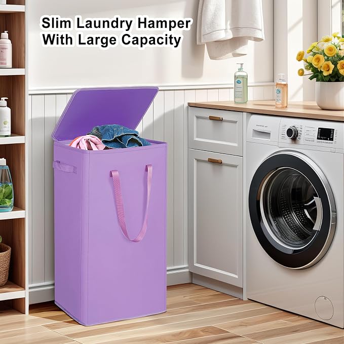 Odonata 75L Slim Laundry Hamper with Lid,Large Foldable Laundry Basket with Removable Bag and Handles Tall Collapsible Dirty Clothes Basket Great for Bedroom, Bathroom, Dorm, College,RV.(Purple, 75L) - Image 4