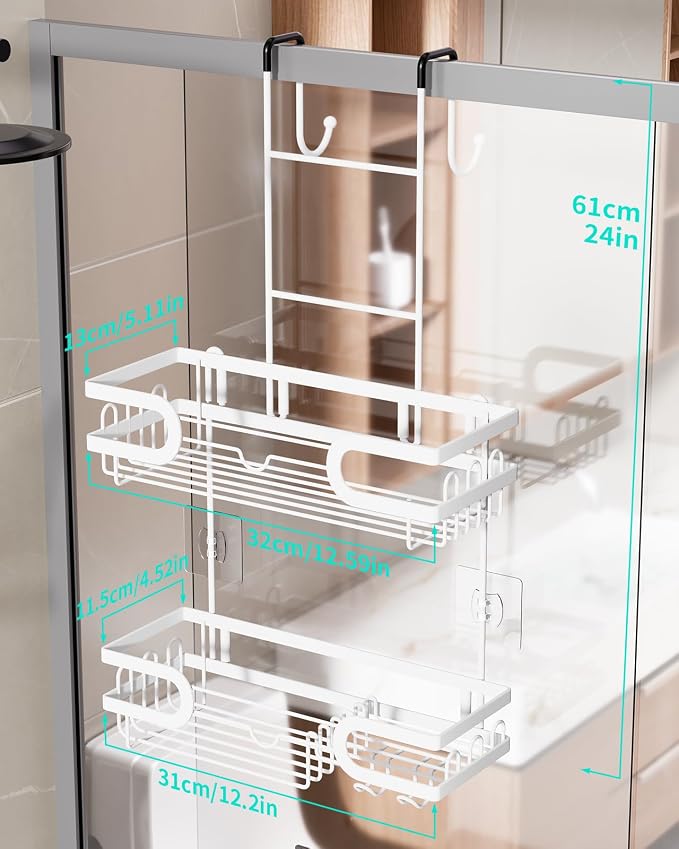 HapiRm Shower Caddy Over Door- Hanging Shower Organizer with 14 Hooks and Soap Holder, Rustproof & Waterproof Stainless Steel Bathroom Shelf - White - Image 6