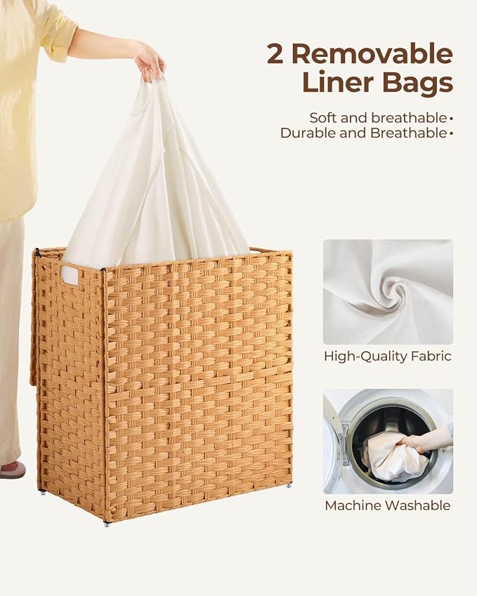 Greenstell Laundry Hamper with lid, No Install Needed, 110L Wicker Laundry Baskets Foldable 2 Removable Liner Bags, 2 Section Clothes Hamper Handwoven Rattan Laundry Basket with Handles, Natural - Image 4