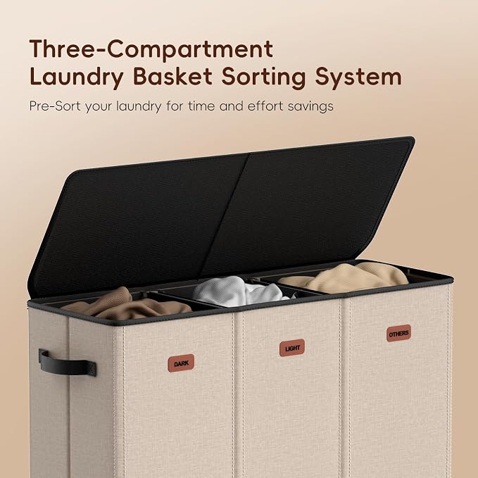 185L Laundry Hamper 3 Section, Laundry Hamper with Lid, Dirty Clothes Hamper with 3 Removable Washing Bags, Extra Large Laundry Basket Organizer for Bedroom, Laundry Room, Dorm - Khaki - Image 4