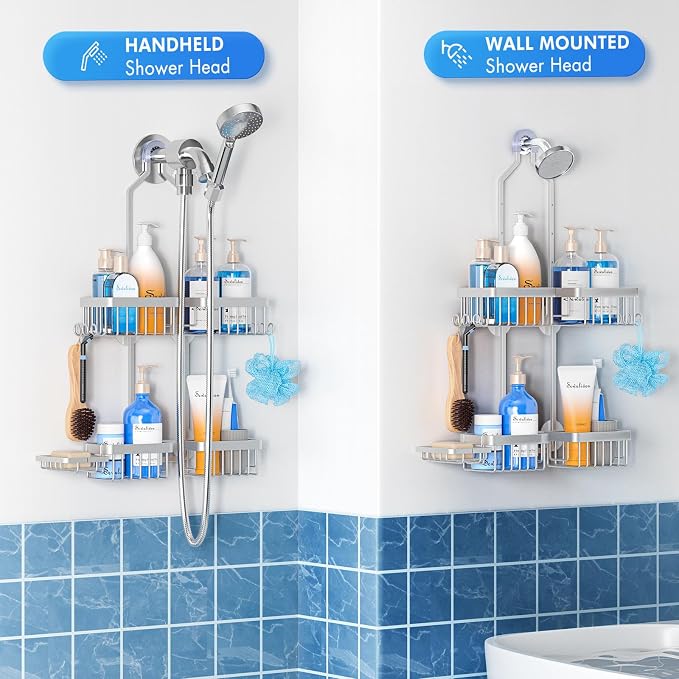 Sewulidon Aluminum Alloy Hanging Shower Caddy for Handheld Shower Heads,Rustproof Hose Shower Organizer 4 Levels Height Adjustable Shower Rack with Hooks,Razor Holder,Soap Holder - Image 5