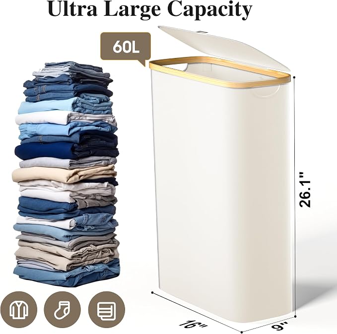 Foluck Slim Laundry Hamper, 60L Waterproof Narrow Laundry Basket with Lid and Removable Bag, Collapsible Tall Clothes Hamper with Bamboo Handles for Clothes Toys in Dorm Bedroom Bathroom, Beige - Image 2