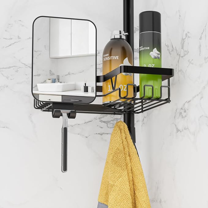DAOYA Shower Caddy Tension Pole with Anti-Fog Shaving Mirror, Tension Rod Shower Caddy Corner for Bathroom Organizer, Black - Image 3