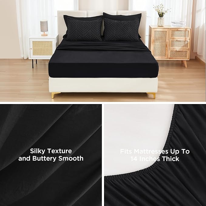 Andency Super King Plus Comforter Set with Sheets Black - 7 Pieces Bed in a Bag Oversized King Boho Lightweight Fluffy Tufted Bedding Sets with Comforter, Sheets, Pillowcases & Shams