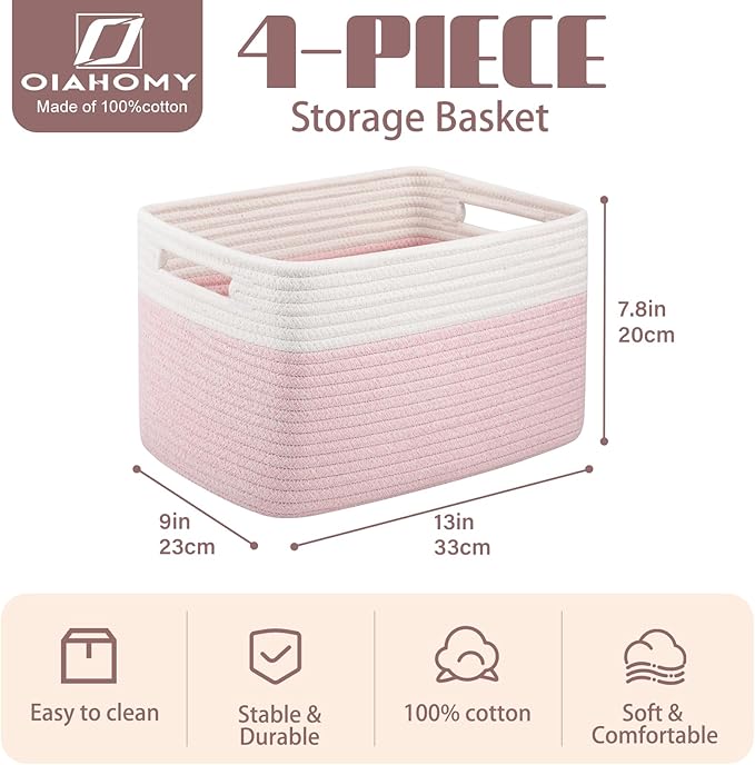 OIAHOMY 4 Pack Storage Baskets for Organizing, Basket for Shelves with Handle, Woven Baskets for Storage Toys, Towels, Books, Cotton Rope Basket 13" L x 9 " W x 7.8 " H, Pink & White - Image 2