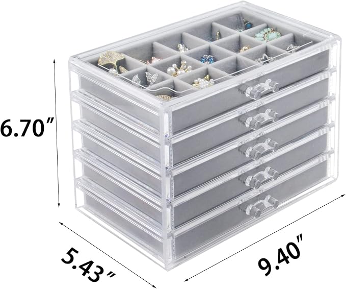 Watpot Acrylic Jewelry Box with 5 Drawers, Clear Earring Storage Organizer Display Case for Women Girls, Gray - Image 5