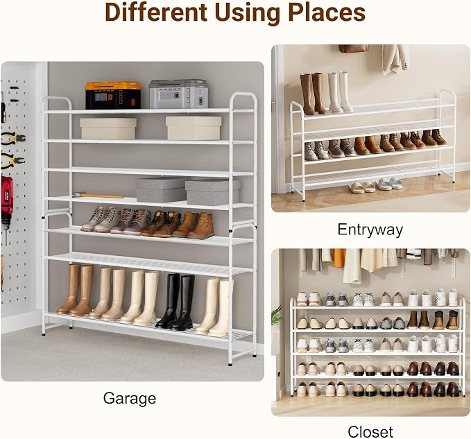 KEETDY 4-Tier Long Shoe Rack for Closet Floor, Wide Shoe Organizer Storage, Stackable Shoe Rack for Entryway Metal Shoe Shelf for 30 Pairs Men Sneakers with Wire Grid for Bedroom, White - Image 6