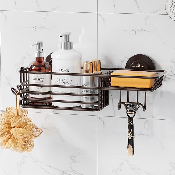 LEVERLOC Shower Caddy Suction Cup, Heavy Duty Bathroom Organizer for Inside Shower with Hooks & Soap Holder， NO-Drilling Bathroom Holder-Brown by LEVERLOC
