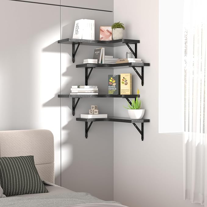 ROMGUAR CRAFT Corner Floating Shelves Wall Mounted Set of 4, Rustic Wood Storage Display Shelves for Home Decor, Bathroom, Kitchen, Bedroom, Living Room, Office (Black) - Image 7