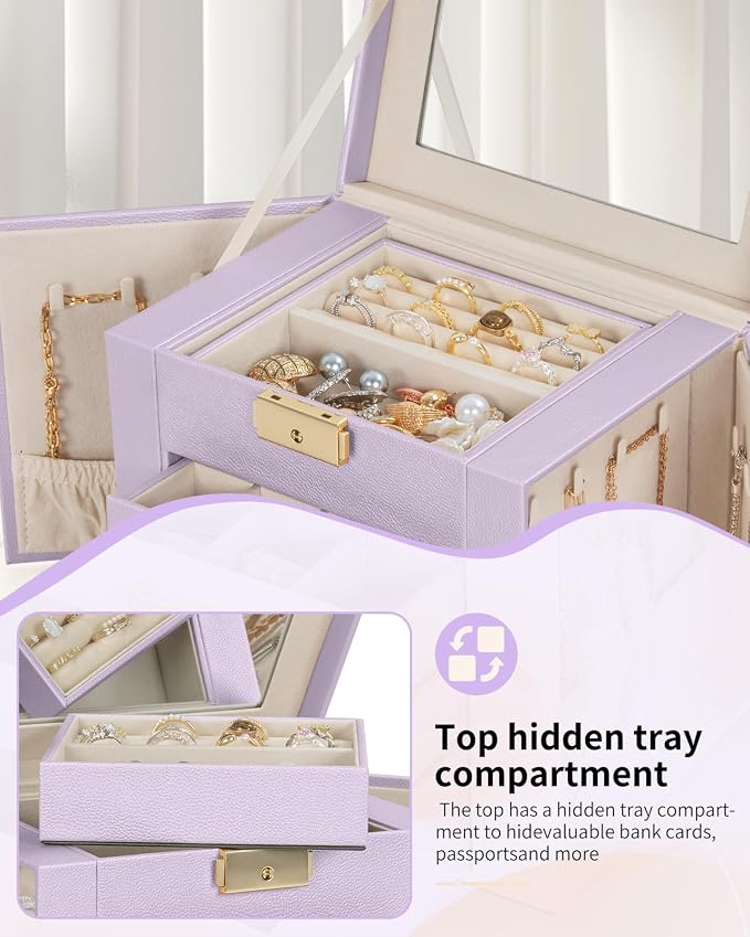 AKOZLIN 4-Tier Jewelry Box Leather Jewelry Storage Organizer with 3 Drawers Lockable for Women Girls Ring Necklace Earring Bracelet Holder with Mirror Purple - Image 4