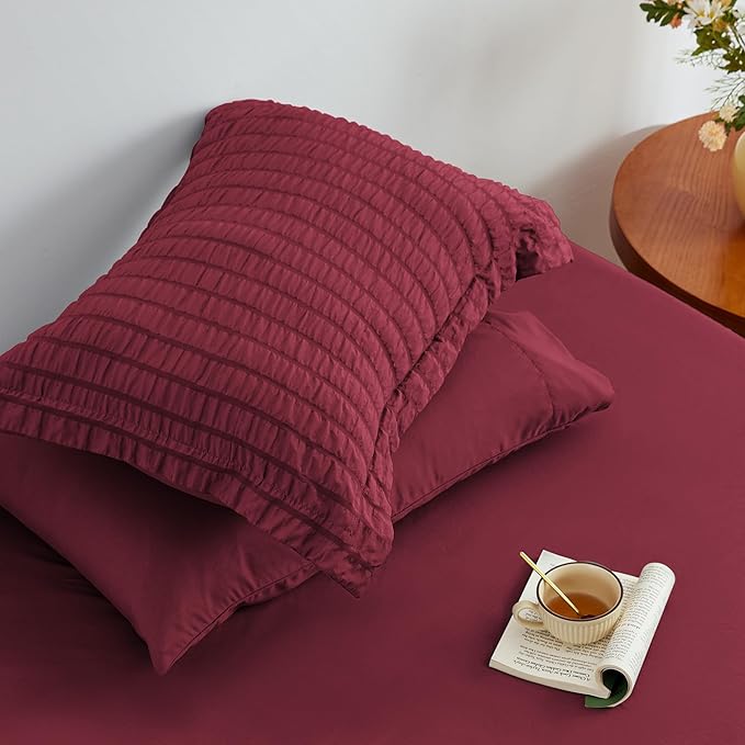 Love's cabin Seersucker Burgundy King Size Comforter Set, 7-Piece All Season Lightweight Bed in a Bag Bedding Set with Comforter, Flat Sheet, Fitted Sheet, Pillowcases and Shams | Soft, Breathable, Lightweight