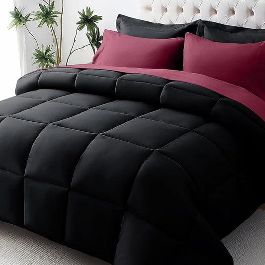 JOLLYVOGUE King Comforter Set, Ultra-Soft Bed in a Bag King Size 7 Pieces, Oeko-TEX Certified Bedding Set with Down Alternative Comforter, Sheets, Pillowcases & Shams, Burgundy & Black