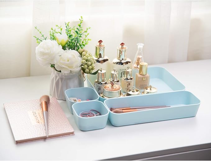 Backerysupply Set Of 12 Blue Color Plastic Desk Drawer Organizers For Makeup Bathroom Office Kitchen Vanity Drawer Storage Box Container - Image 6