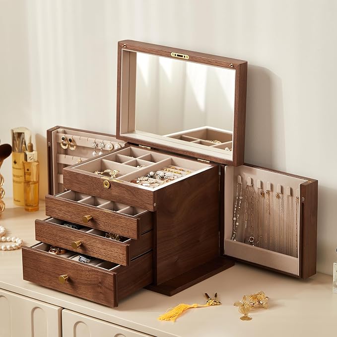 Black Walnut Wooden Jewelry Box, Wood Jewelry Organizer with 2 Side Doors Mirror Lockable Classical Style for Watch Necklace Ring Earring Storage Mothers Day Gifts for Mom-4 Layer - Image 2