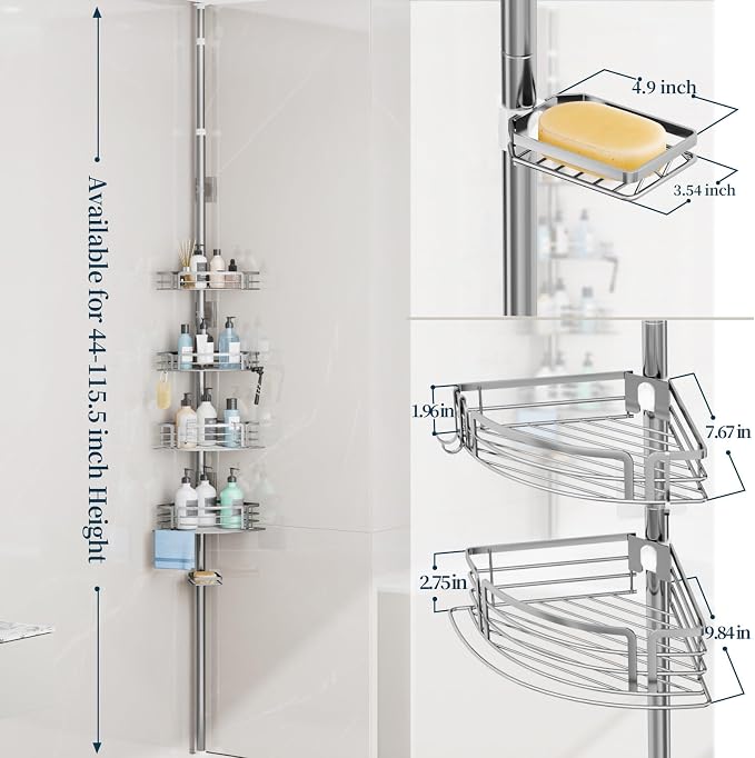 Consumest Corner Shower Caddy Tension Pole - Rustproof Shower Shelves with Towel Bar & Soap Holder, Adjustable Bath Organizer for Bathroom Storage, 27.6-108.3 inch, Silver - Image 3