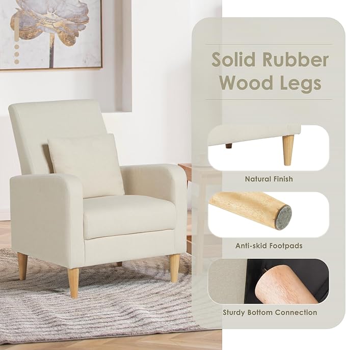 COLAMY Sherpa Upholstered Accent Chair Armchair with Pillow, Fabric Reading Living Room Side Chair,Single Sofa with Lounge Seat and Wood Legs, Cream