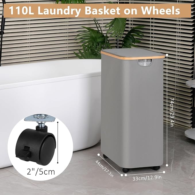 iEGrow Laundry Hamper, Narrow Laundry Basket with Lid,Foldable Clothes Hamper with Bamboo Handles,Hamper Basket with Removable Inner Bag for Laundry Room Bedroom College Dorm (Pink, 110L with Wheels) - Image 5