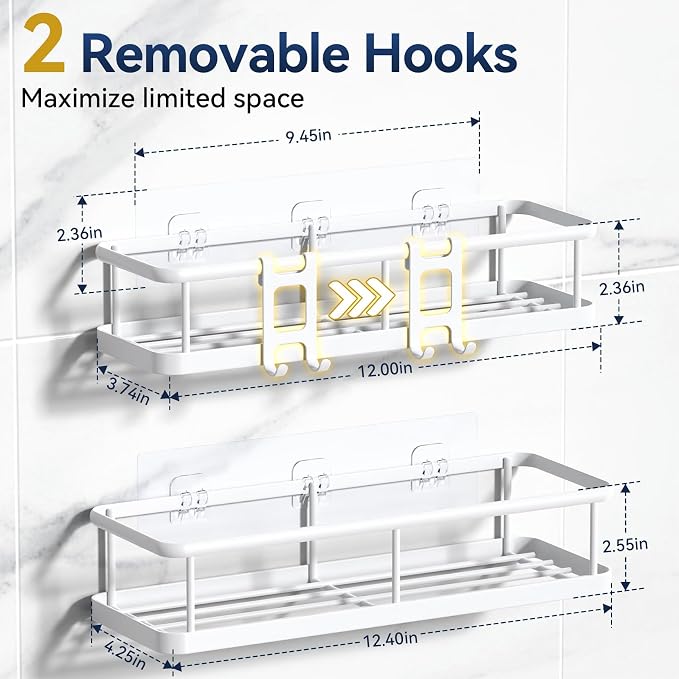 YASONIC Shower Caddy Adhesive, No Drill Bathroom Shower Organizers, with Removable Hooks, Rust Proof Shower Shelves, Wall-Mounted Shower Holder, White, 2 Pack - Image 7