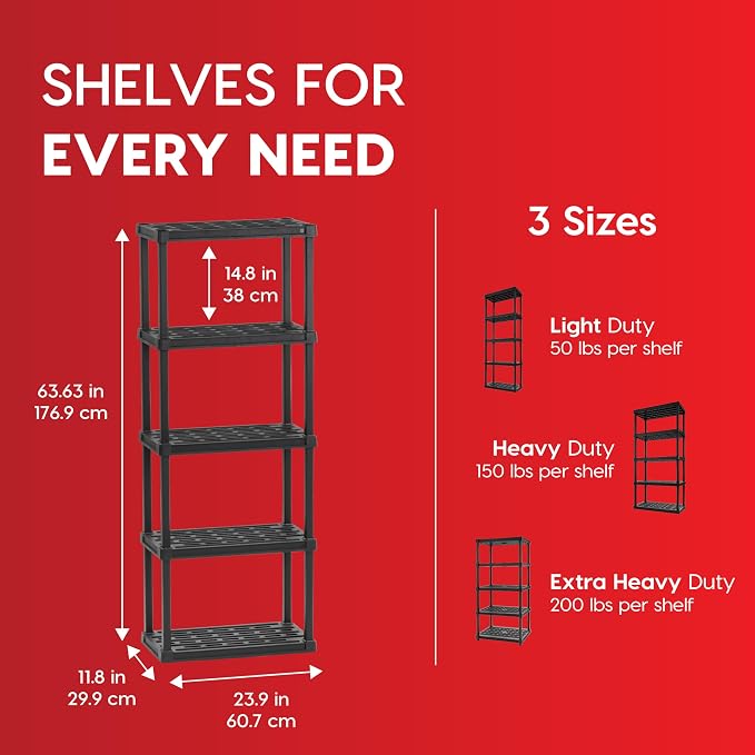 IRIS USA 5-Shelf Light Duty Plastic Storage Shelves, 250lb Capacity, 64" H x 24" W x 12" D, Medium Modular Shelving Unit Storage Organizer for Bathroom, Laundry, Garage & Home, Storage Rack - Black - Image 2