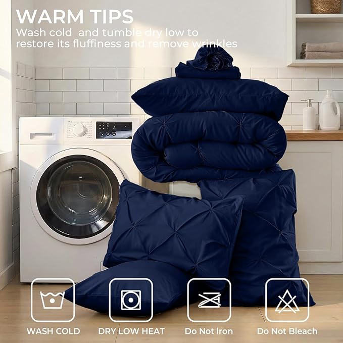 Sasttie Full Size Comforter Set, 7-Piece Bed in a Bag, Pintuck Bedding Sets for All Season, Includes Comforter, Flat Sheet, Fitted Sheet, Pillowcases and Pillowshams, Navy