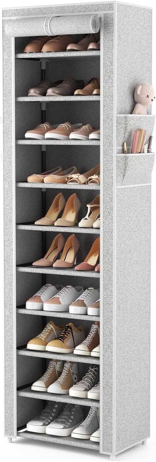 VTRIN Vertical Narrow Shoe Rack Organizer Tall Shoe Rack for Closet Entryway 10 Tier Non-Woven Cover Shoe Shelf Holds 20-22 Pairs Free Standing Shoe Storage Cabinet with Dustproof Cover, Multi Color by VTRIN