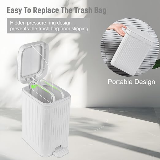 rejomiik Small Bathroom Trash Can with Lid Slim Soft Close Garbage Can Step Wastebasket Container Trash Bin for Office Bedroom Kitchen Living Room (1.9 Gallon White) - Image 5