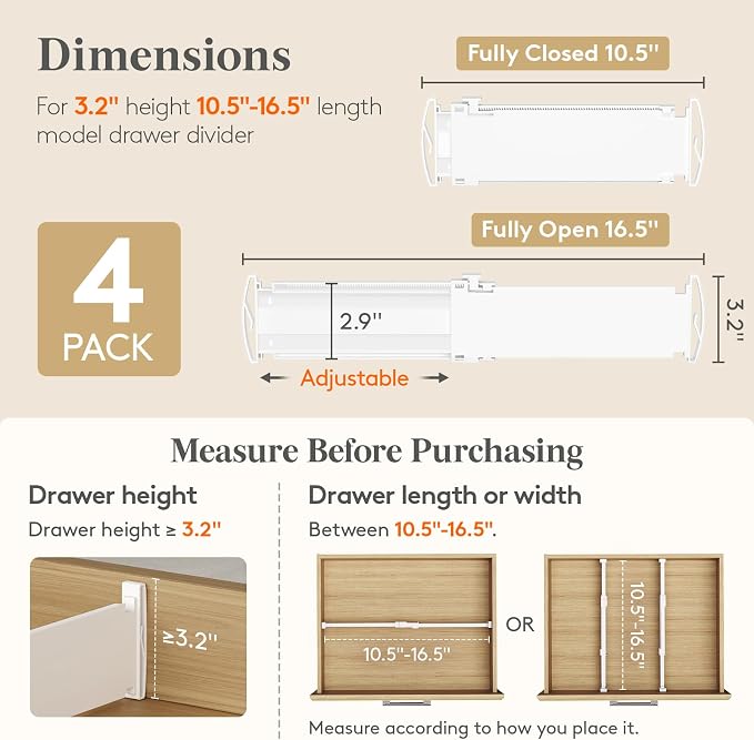 Lifewit Drawer Dividers for Clothes, 3.2" Tall 10.5"-16.5" Expandable Dresser Drawer Organizers, Adjustable White Plastic Separators for Kitchen, Cabinet, Nursery, Socks & Underwear Storage, 4 Pack - Image 2