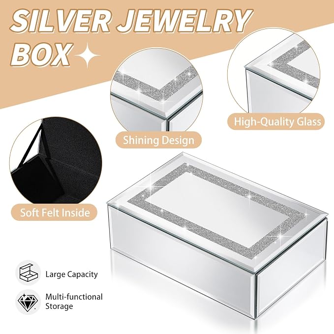 Luxury Mirrored Jewelry Box with Crushed Diamond - Glass Jewelry Box Organizer Storage Ring Holder Case for Women - Image 3