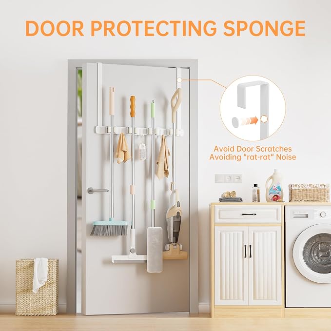 Broom Holder Over The Door - 304 Stainless Steel Mop and Broom Holder Wall Mounted or Hanging Over The Door with Hooks - Broom Hanger - white, Broom Storage Tool Organizer for Closet Laundry - Image 3