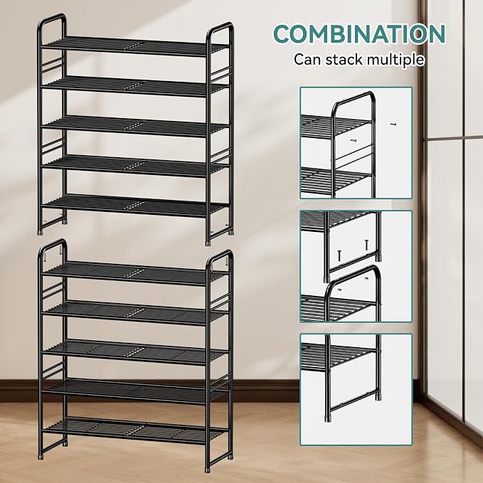 SUFAUY 33" Wide Shoe Rack, 5-Tier Shoe Storage Rack for 24-30 Pairs of Shoes, Shoe Organizer for Entryway, Stackable, Heavy Duty, Steel Frame, Industrial, Black - Image 8