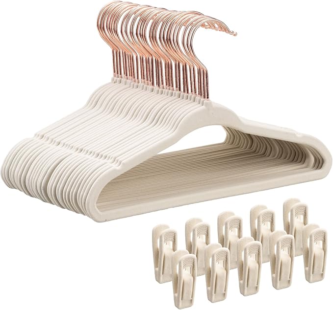 Tonswachic Baby Velvet Hangers 30 Pack - 11 Inch Premium Felt Non Slip Kids Hanger for Infant & Toddler Clothes - 0.2" Slim Space-Saving Baby Felt Hangers for Children's Closet with 10 Clips - Beige by TonswachicHangersSpaceSaver
