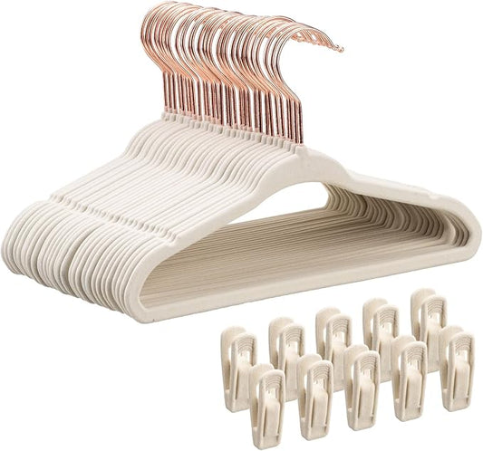 Tonswachic Baby Velvet Hangers 30 Pack - 11 Inch Premium Felt Non Slip Kids Hanger for Infant & Toddler Clothes - 0.2" Slim Space-Saving Baby Felt Hangers for Children's Closet with 10 Clips - Beige by TonswachicHangersSpaceSaver