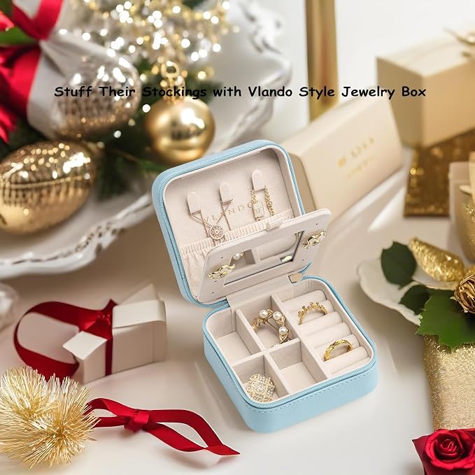 Vlando Small Travel Jewelry Box Organizer - Mirrored Jewelries Necklaces Rings Earrings Necklace Storage Case, Baby Blue - Image 5